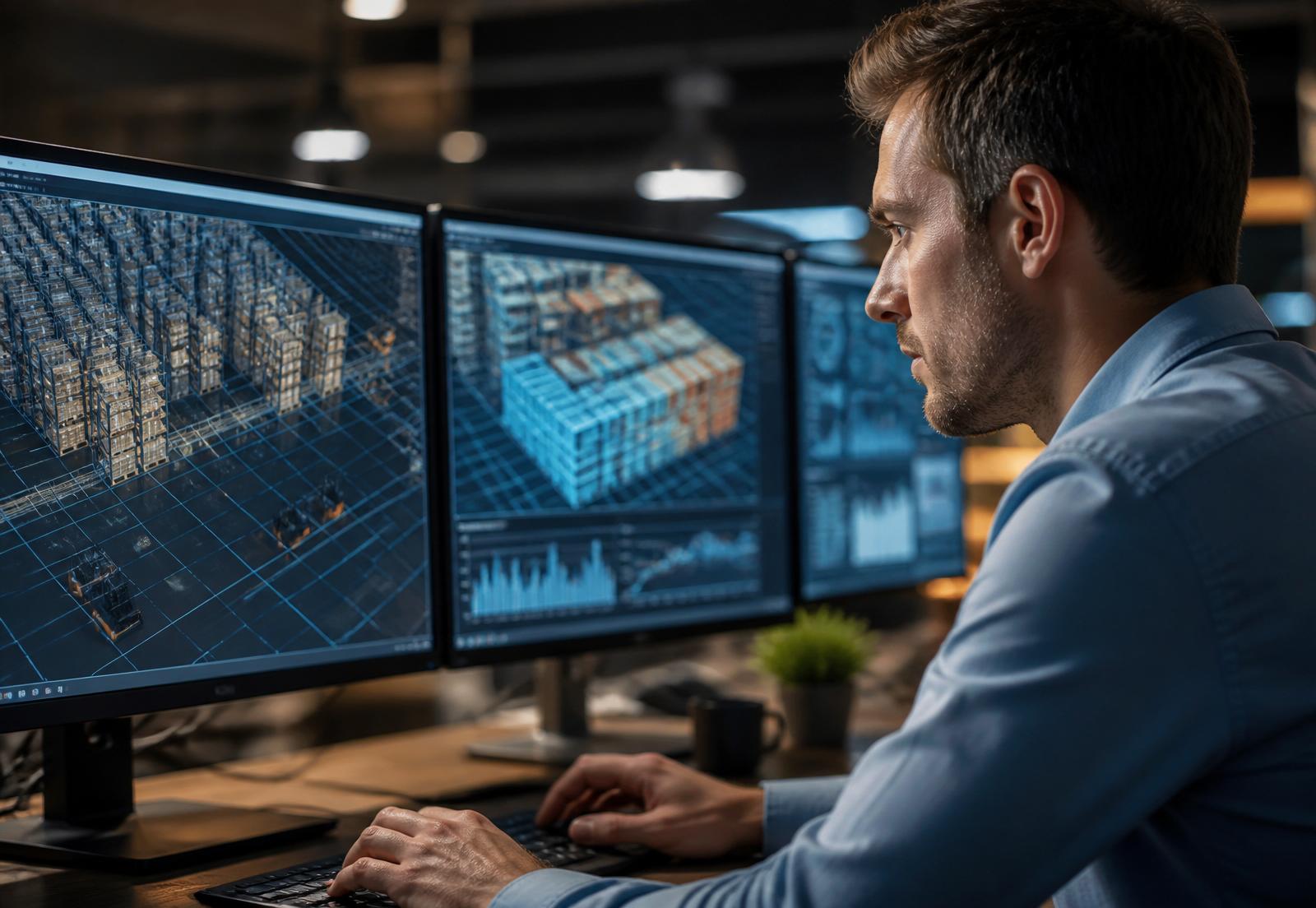 Analyst using 3D warehouse visualisation software